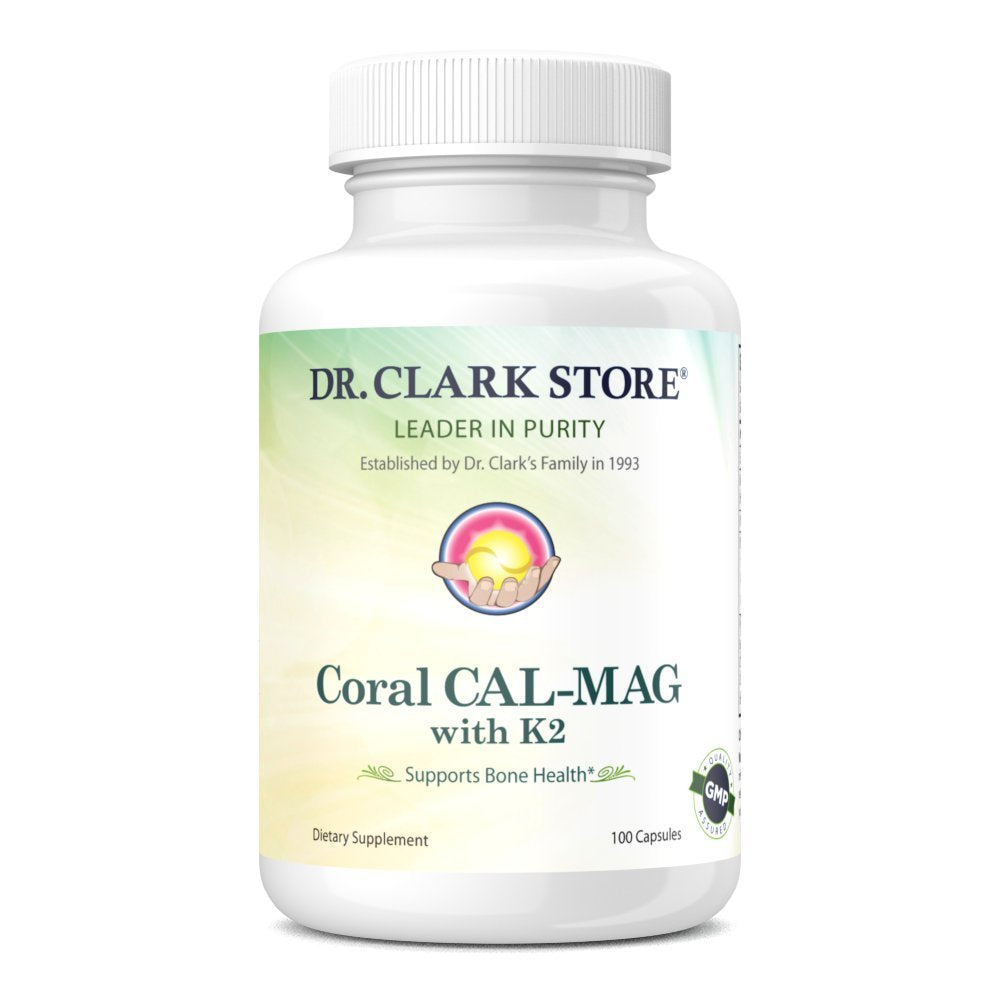 Dr Clark Store Coral Cal-Mag K2 bottle emphasizes bone health minerals