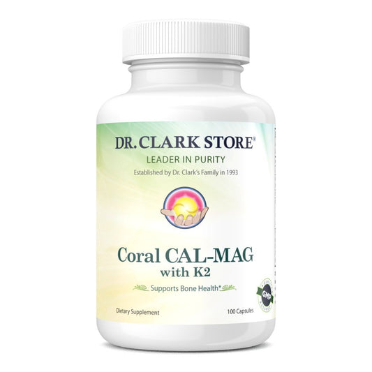 Dr Clark Store Coral Cal-Mag K2 bottle emphasizes bone health minerals