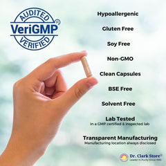 Lab-testing badge and capsule details emphasize Dr Clark Store Daily Probiotics purity