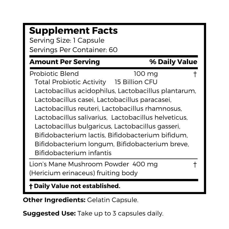 Label highlights probiotic strains and Lion’s Mane prebiotic for gut flora support