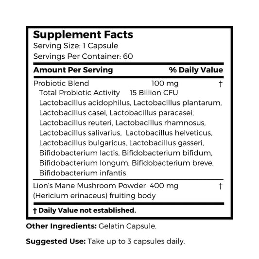Label highlights probiotic strains and Lion’s Mane prebiotic for gut flora support