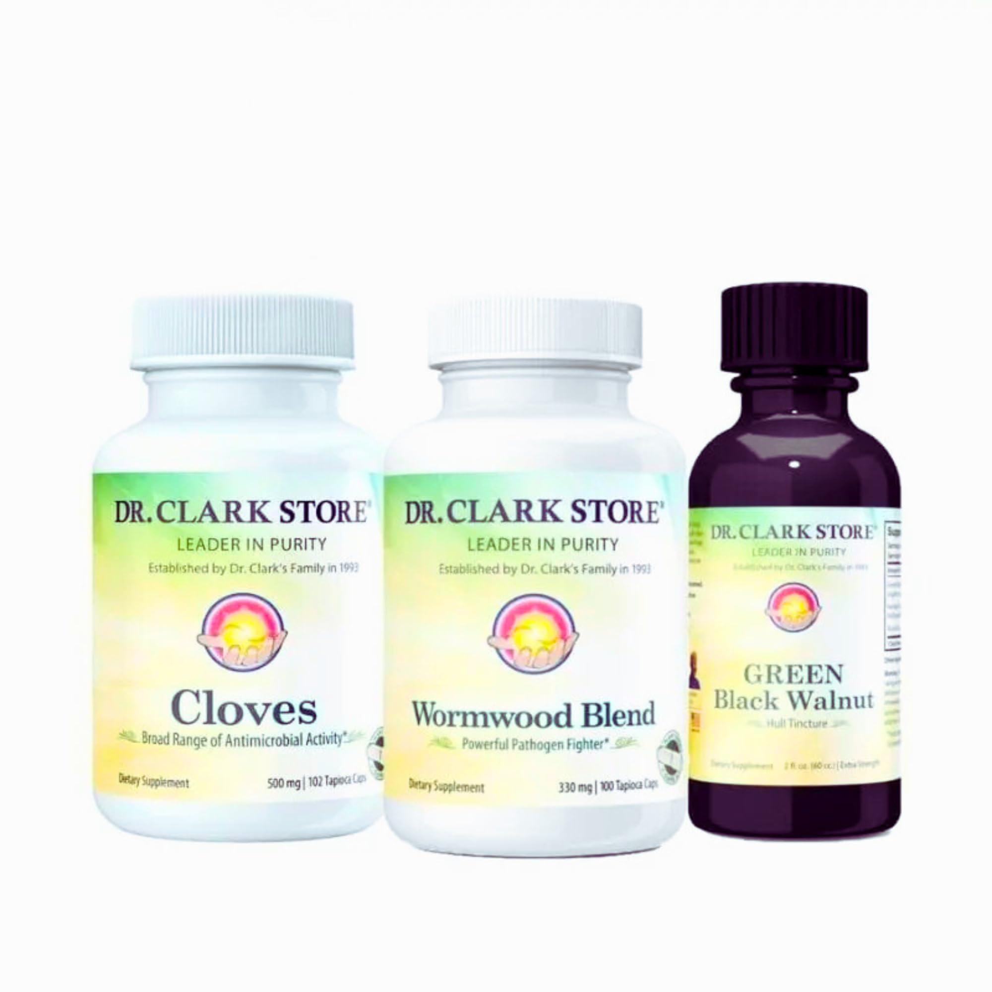 Dr Clark Store green tincture bottle highlights fresh herbal extract for daily support.