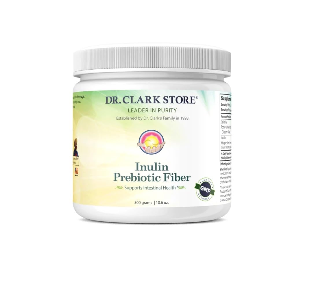 Dr. Clark Store inulin powder bottle shows prebiotic fiber for gut health