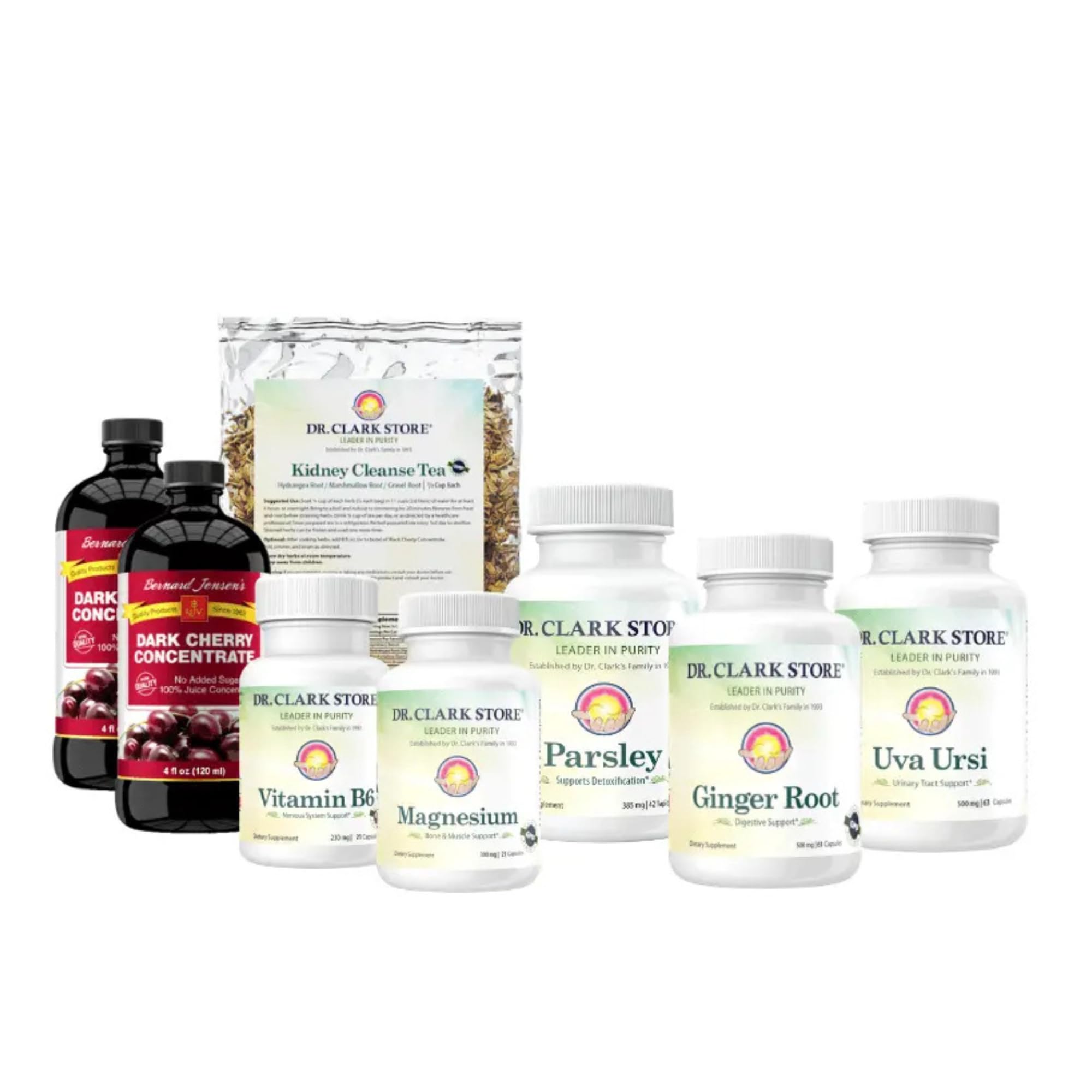 Dr Clark Store kidney cleanse kit with tea, capsules, and concentrates for a clear daily routine