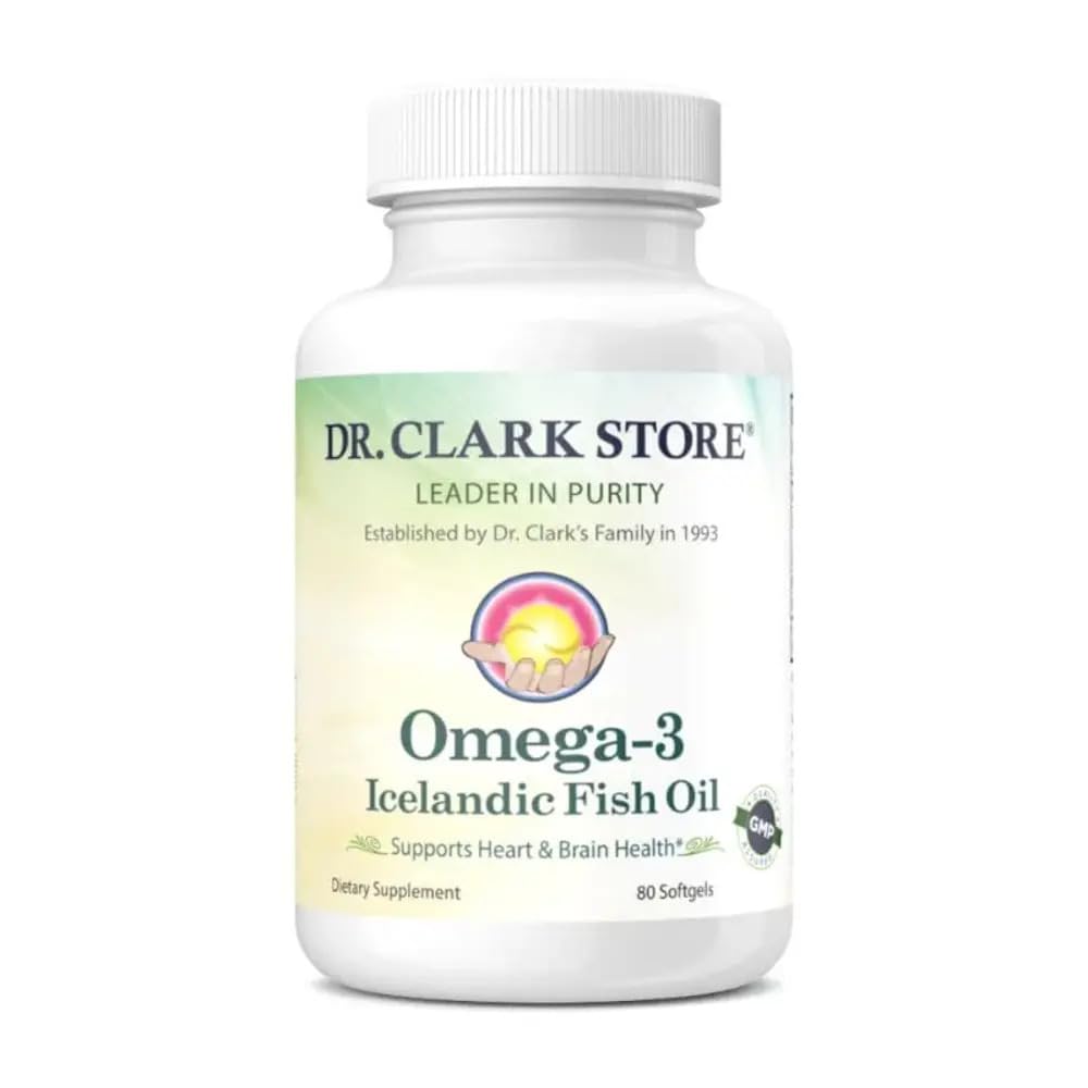 Dr Clark Store Omega-3 Icelandic Fish Oil bottle emphasizes purity for heart-friendly daily wellness.