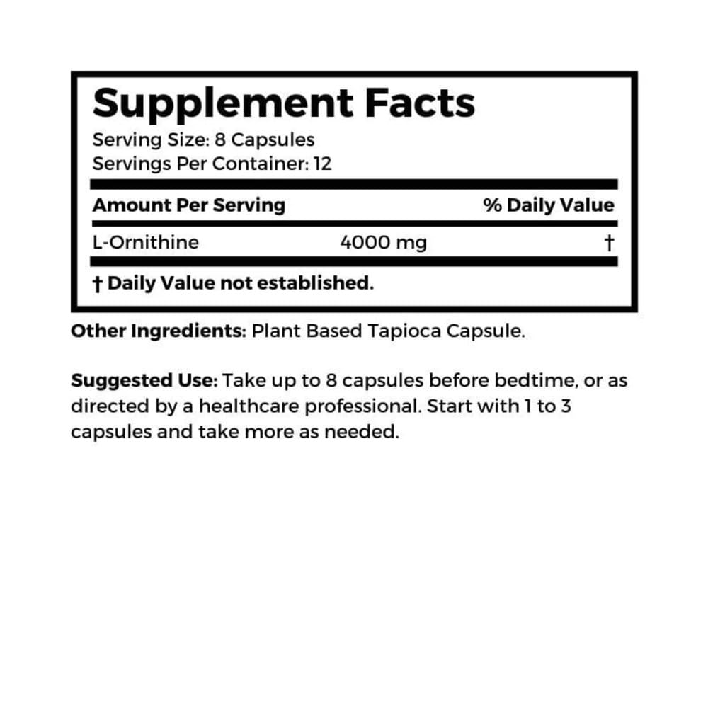 Dr Clark Store Ornithine nutrition panel shows 500 mg per capsule.