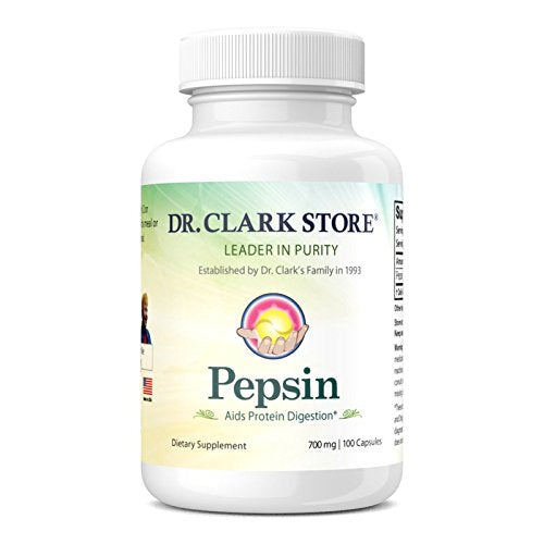 Dr. Clark Store pepsin bottle showing digestive enzyme support for protein digestion