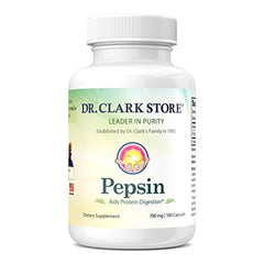Dr. Clark Store pepsin bottle showing digestive enzyme support for protein digestion
