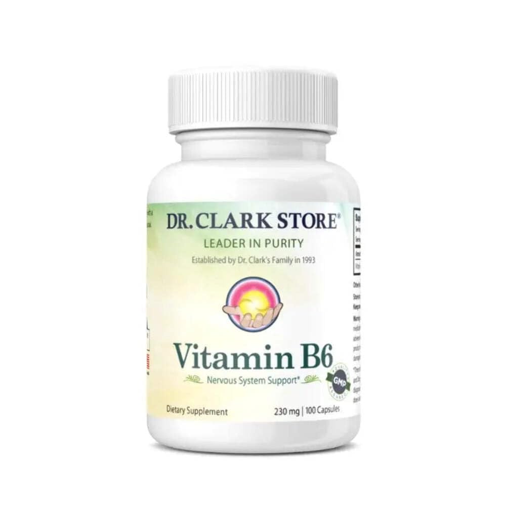 Dr. Clark Vitamin B6 supplement bottle front view supports energy metabolism.