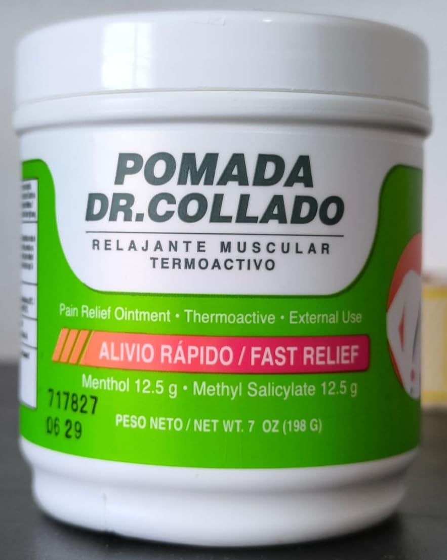Dr Collado ointment cream jar shows a soothing texture for targeted body relief.