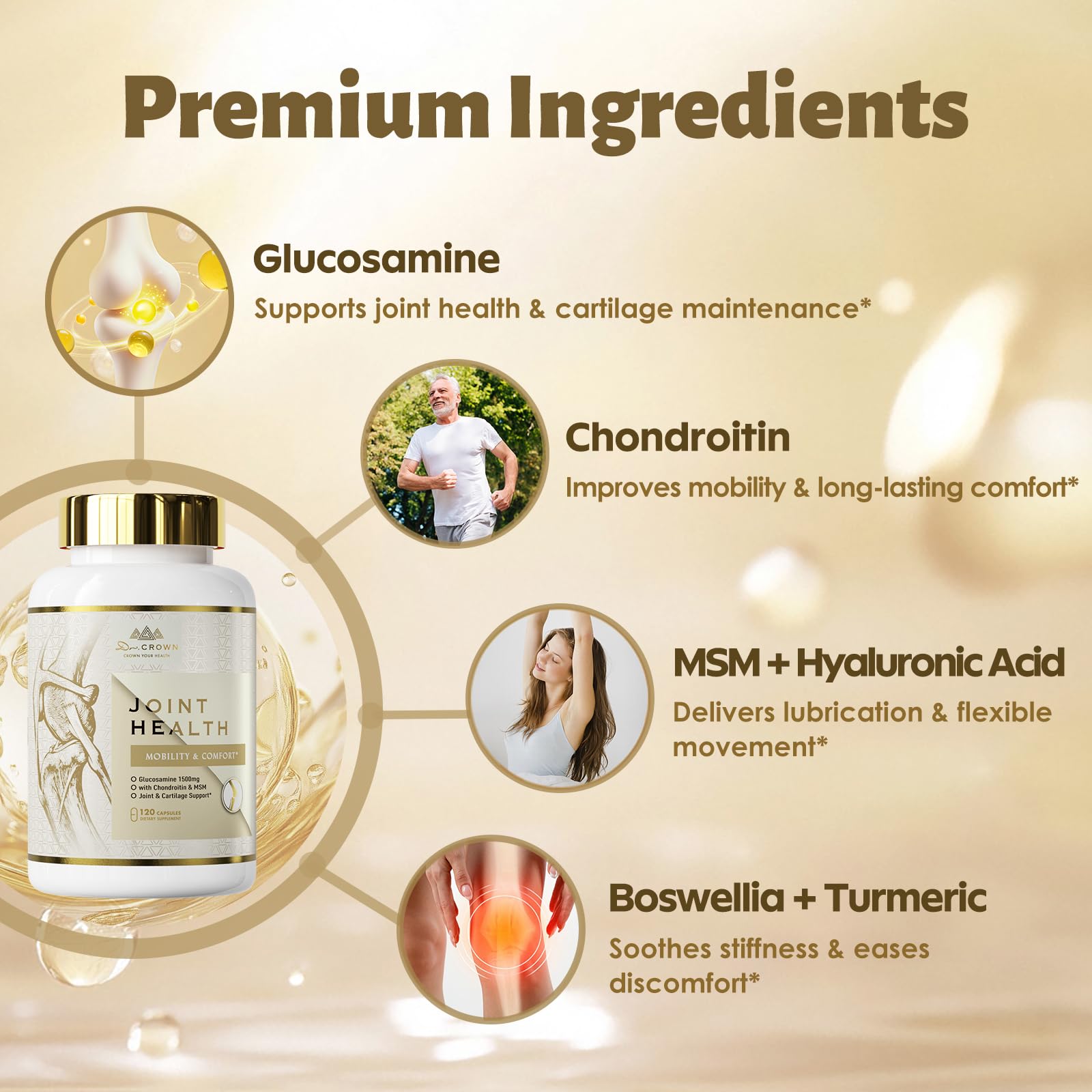 DR. CROWN dosing guide shows four capsules daily for long-term health.