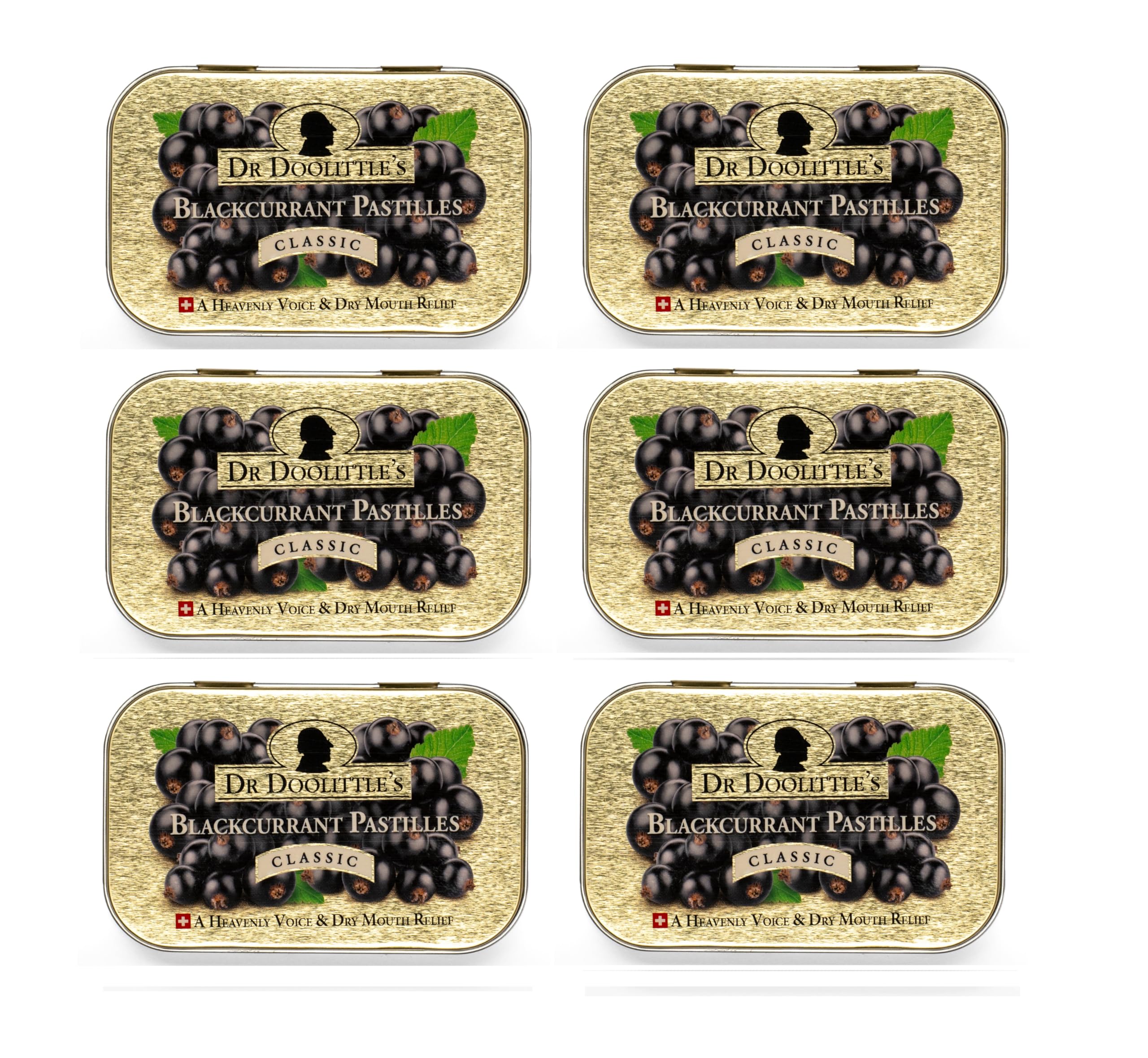 Dr. Doolittle’s soft fruit pastilles blackcurrant tin front for throat moisture and soothing taste.