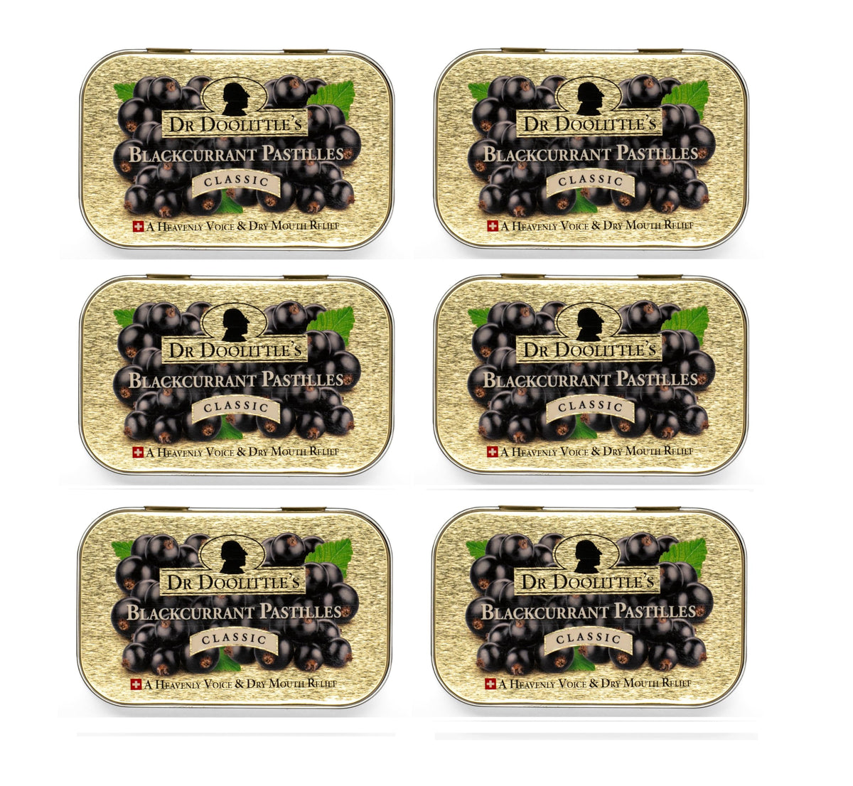 Dr. Doolittle’s soft fruit pastilles blackcurrant tin front for throat moisture and soothing taste.