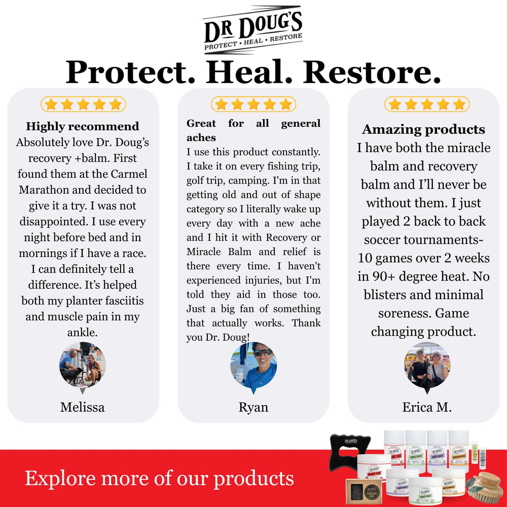 Dr. Doug's Recovery Balm ingredients—beeswax, shea butter, coconut oil—for skin hydration.