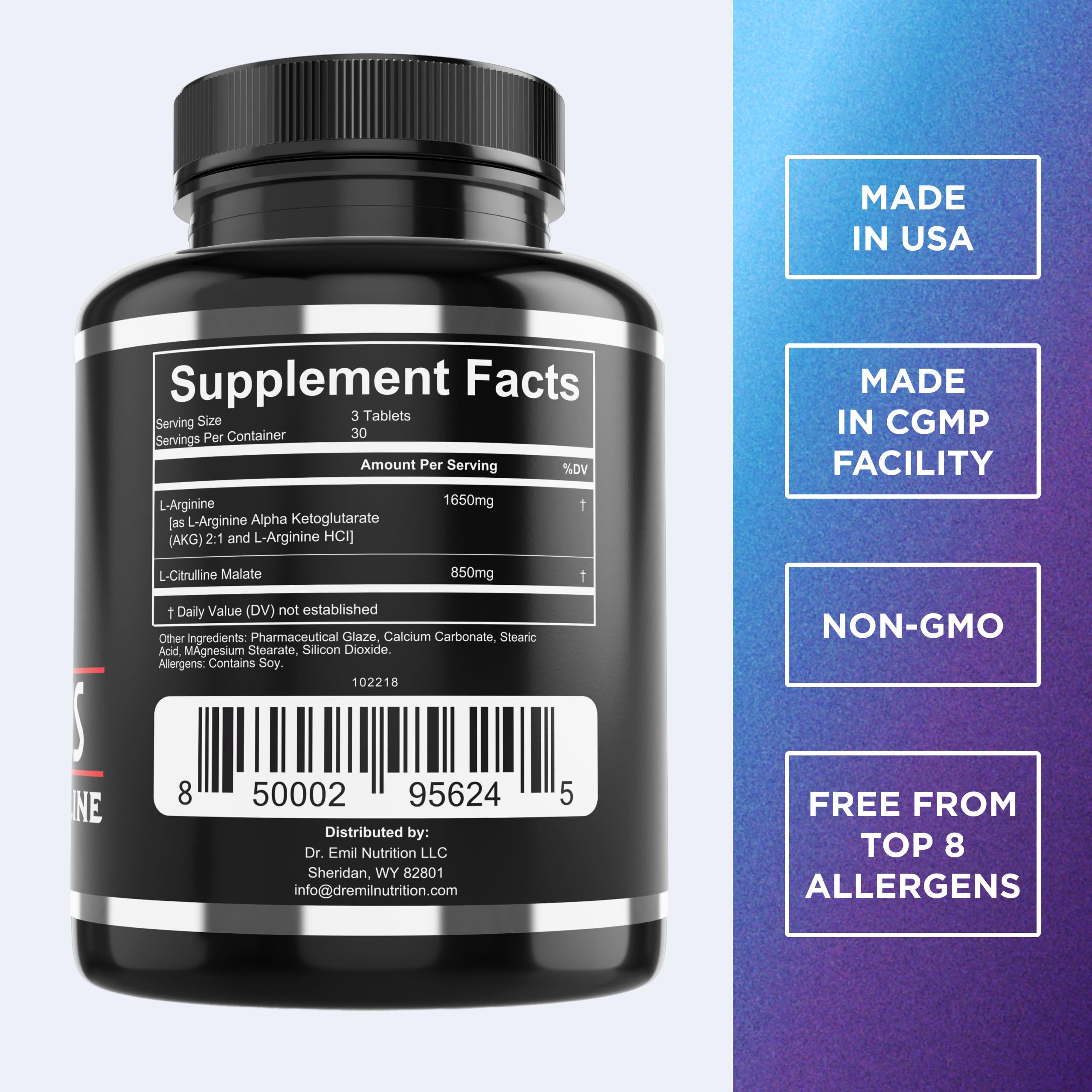 Dr. Emil's ARGININE Plus bottle label close-up highlighting L-Arginine and Citrulline.