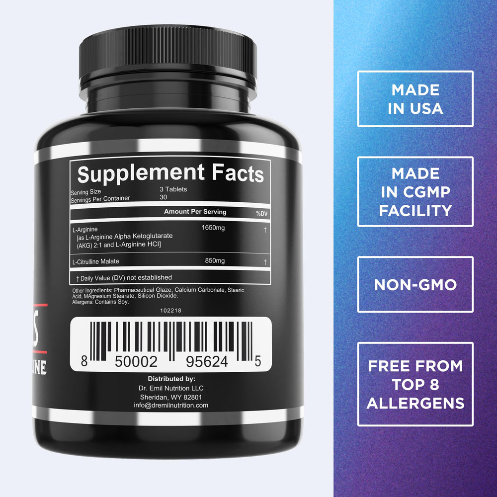 Dr. Emil's ARGININE Plus bottle label close-up highlighting L-Arginine and Citrulline.
