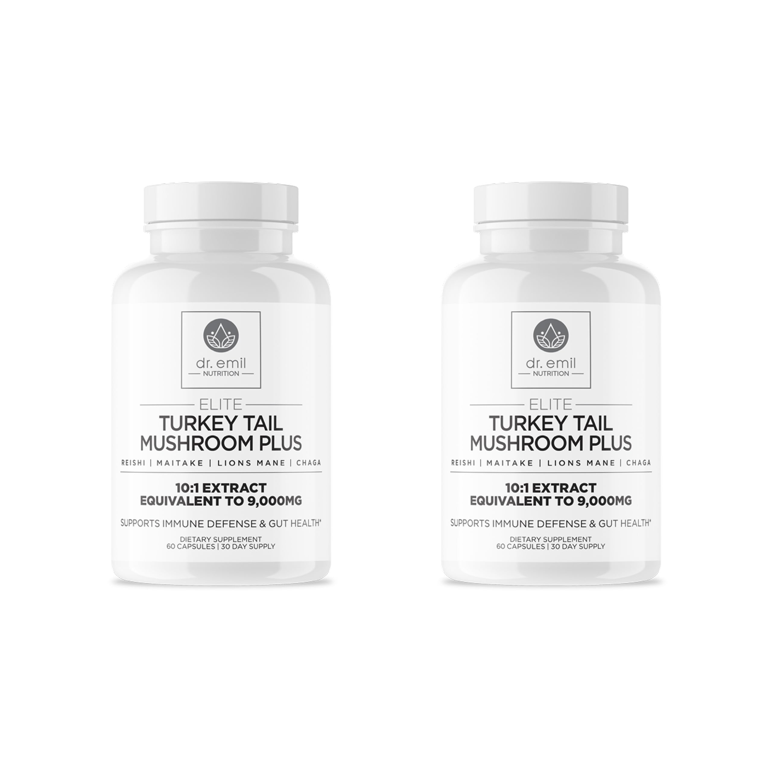 DR. EMIL NUTRITION Elite Turkey Tail bottle on countertop for daily immune support.