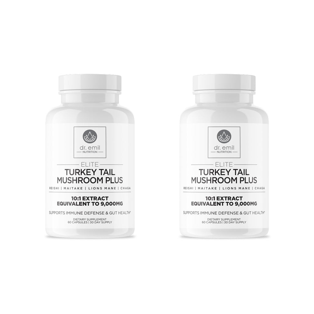 DR. EMIL NUTRITION Elite Turkey Tail bottle on countertop for daily immune support.