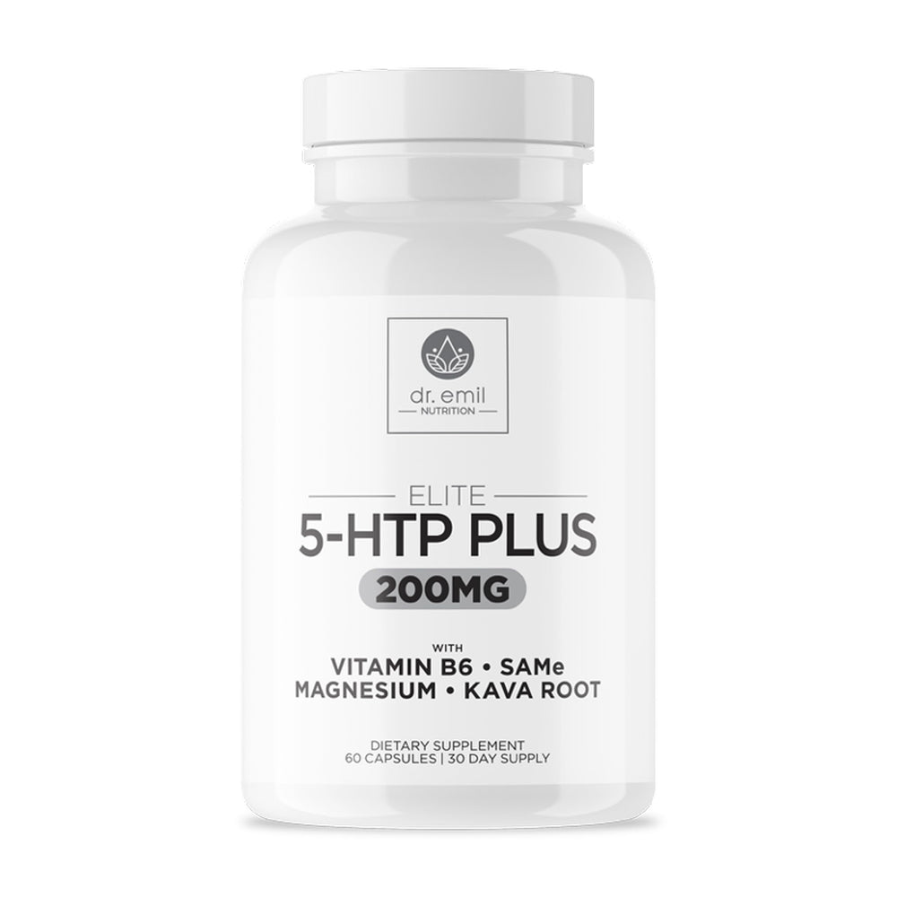 DR. EMIL NUTRITION Elite 5-HTP bottle promotes calm evenings.