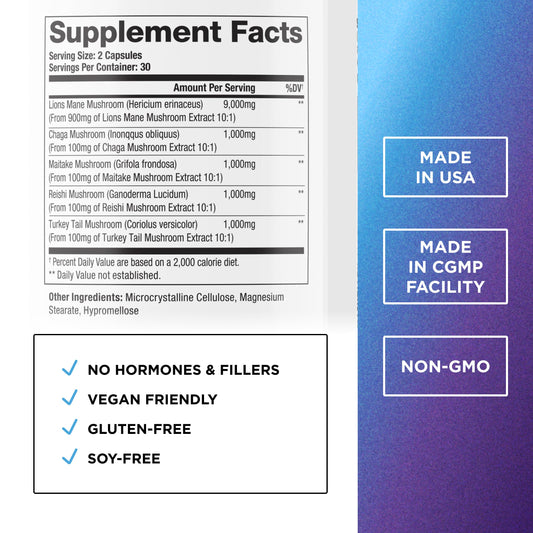 DR. EMIL NUTRITION Lions Mane capsules close-up for focus and mental clarity.
