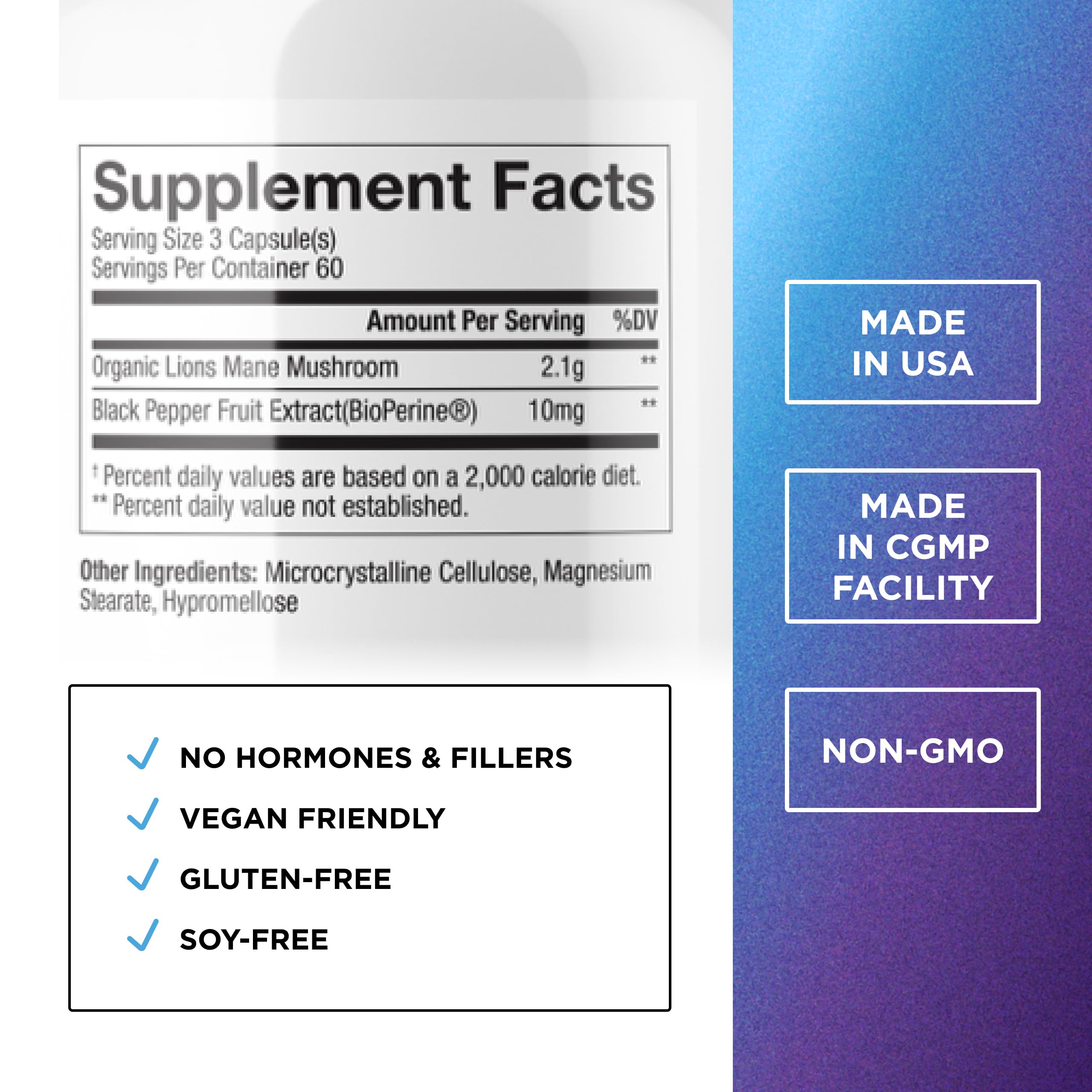 Dr. Emil Nutrition Lions Mane capsules closeup emphasizing high 2100 mg dose and BioPerine absorption.