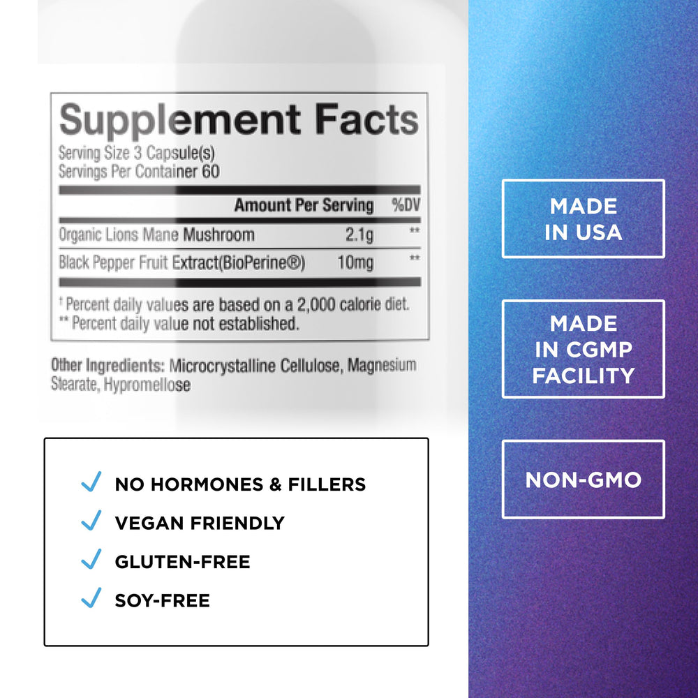 Dr. Emil Nutrition Lions Mane capsules closeup emphasizing high 2100 mg dose and BioPerine absorption.