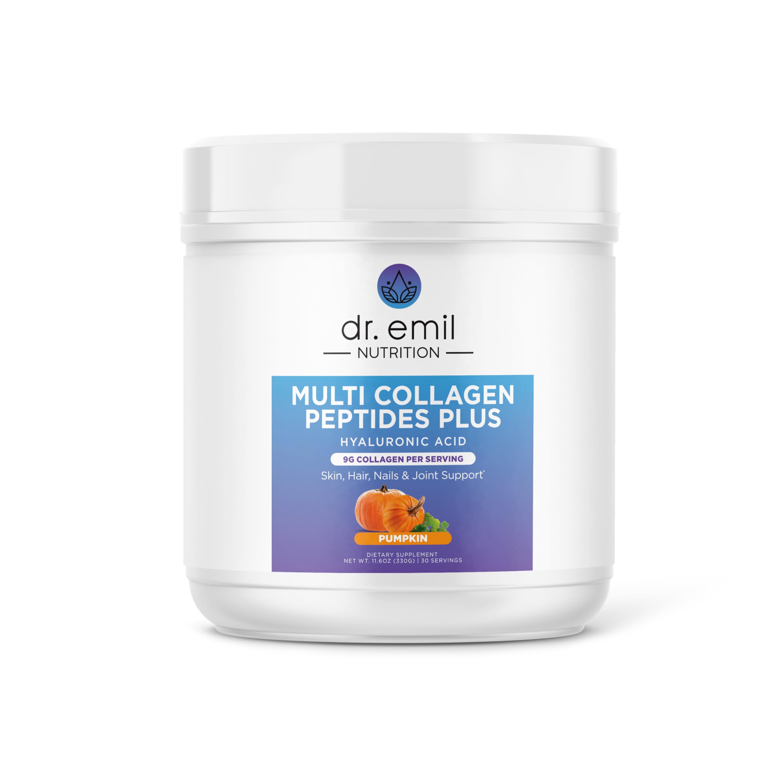 DR. EMIL NUTRITION Multi Collagen Plus pumpkin bottle supports skin, hair, and nails health.