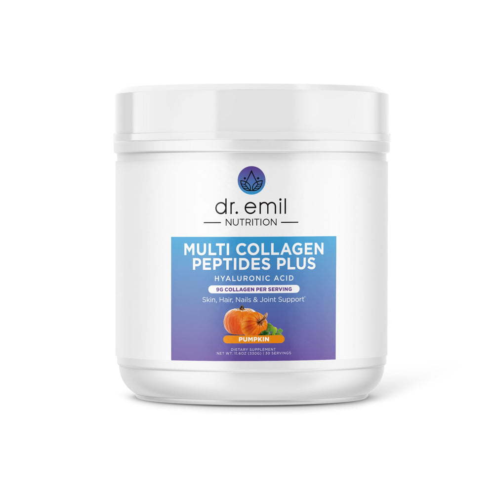 DR. EMIL NUTRITION Multi Collagen Plus pumpkin bottle supports skin, hair, and nails health.