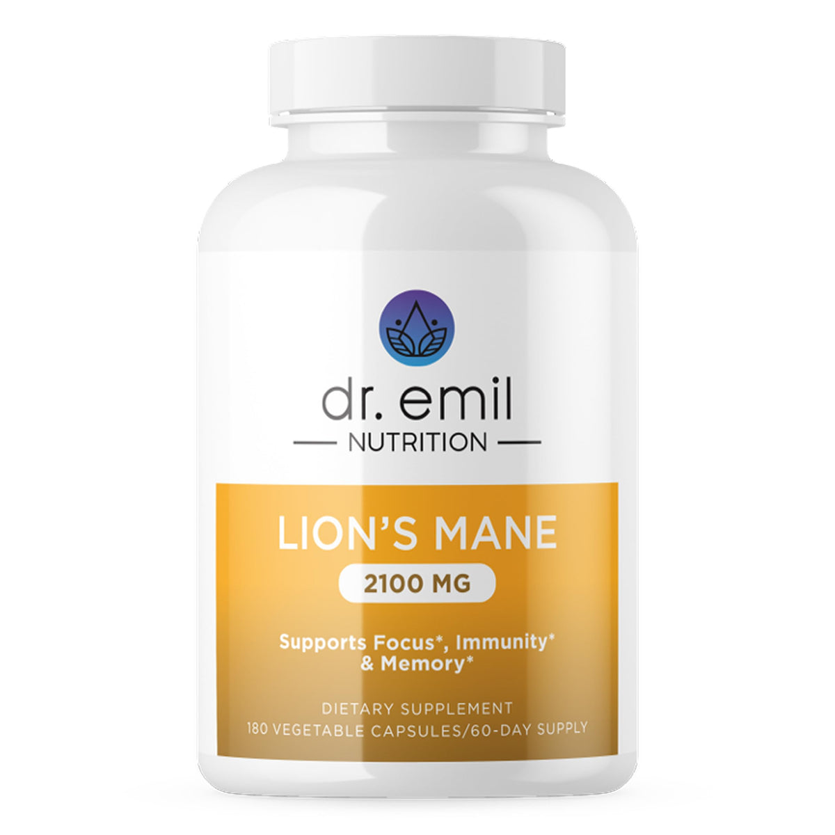 Dr. Emil Nutrition Lions Mane bottle front for cognitive support and immune health.