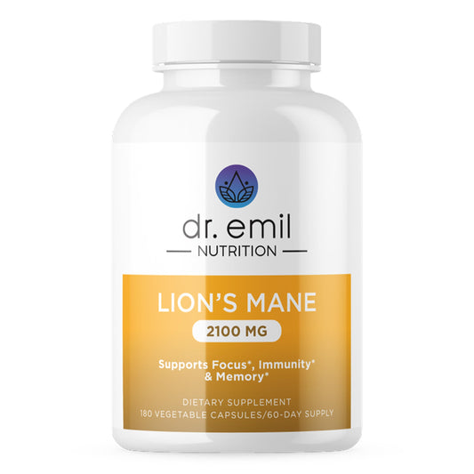 Dr. Emil Nutrition Lions Mane bottle front for cognitive support and immune health.
