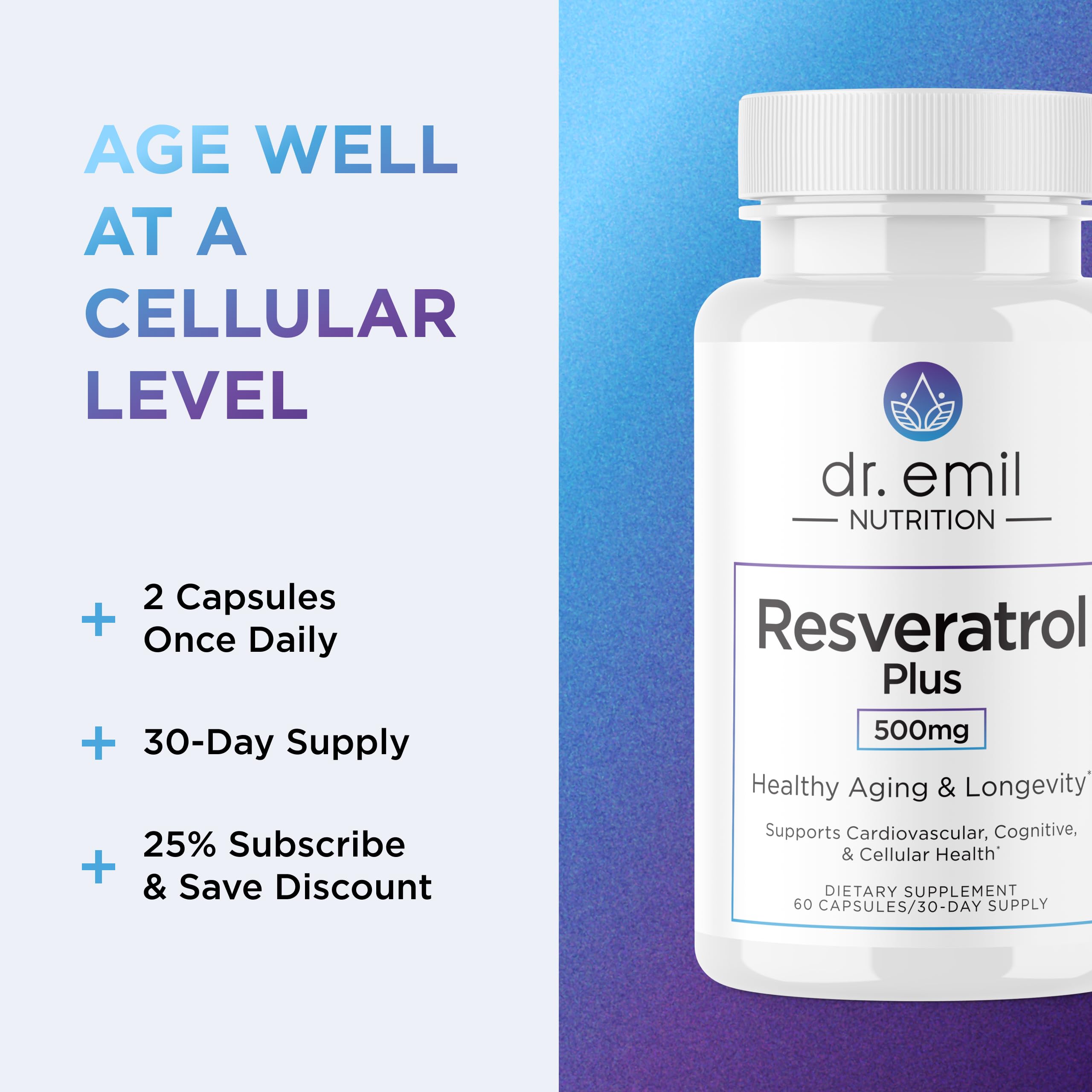 Ingredients panel featuring 100 mg quercetin alongside resveratrol