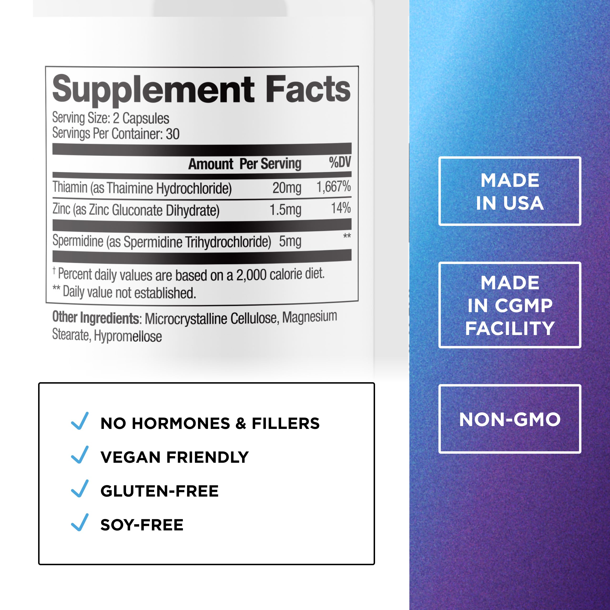 Close-up of Spermidine capsules highlighting 5 mg potency.