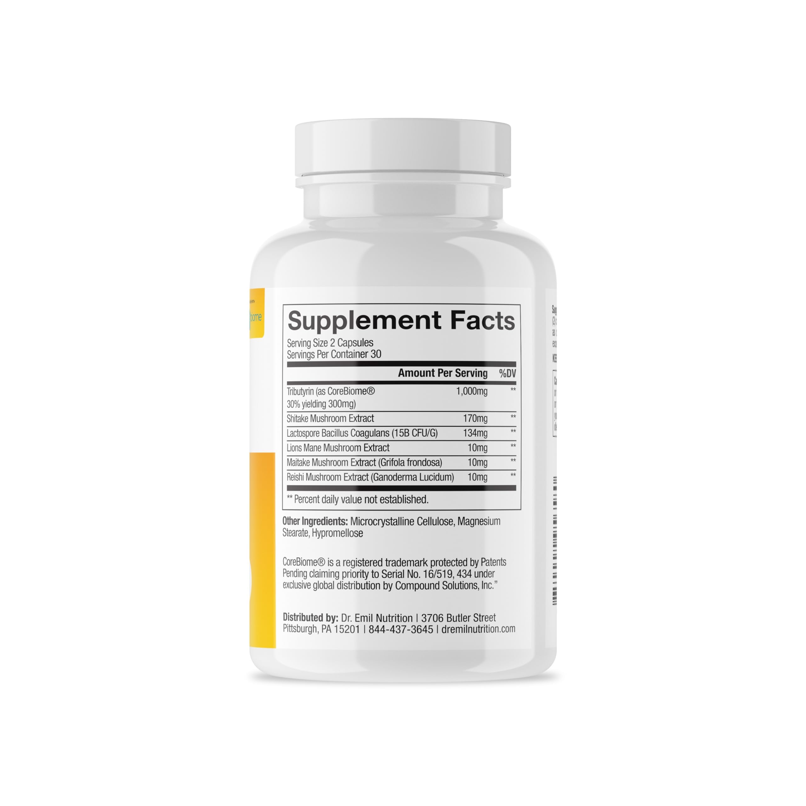 DR. EMIL NUTRITION bottle with label showcasing non-GMO and soy-free features.