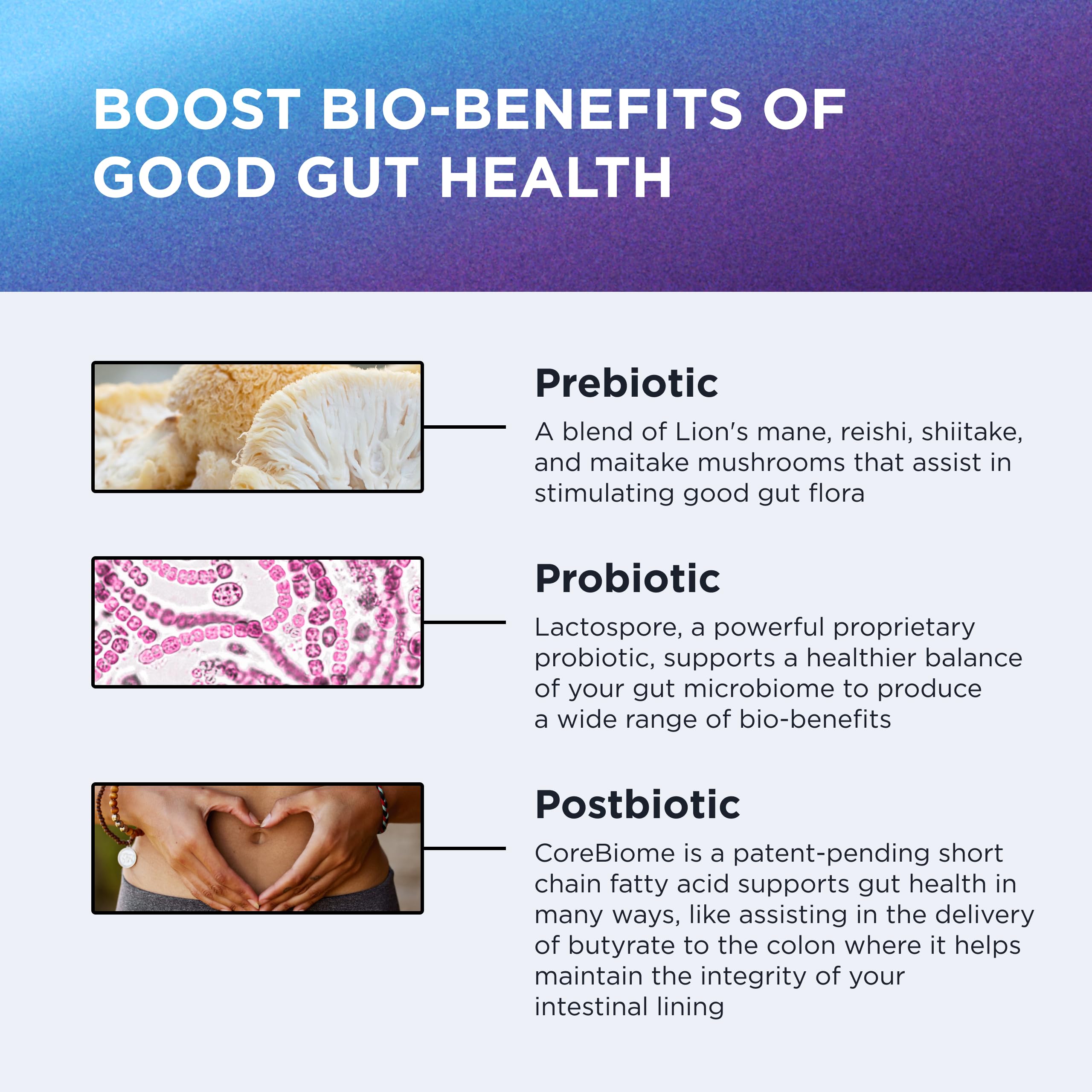 DR. EMIL NUTRITION Total Gut Health Complex blend emphasizes prebiotic, probiotic, and postbiotic trio.