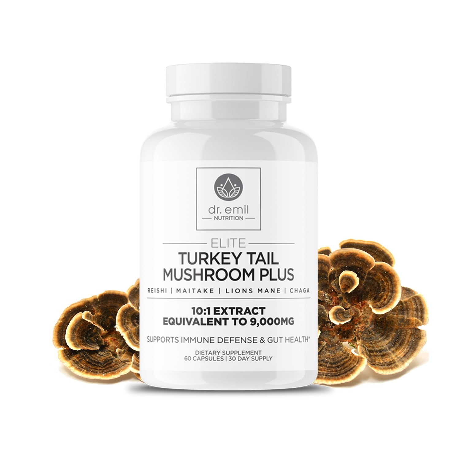 DR. EMIL NUTRITION Turkey Tail bottle capsules support daily immune and gut wellness.