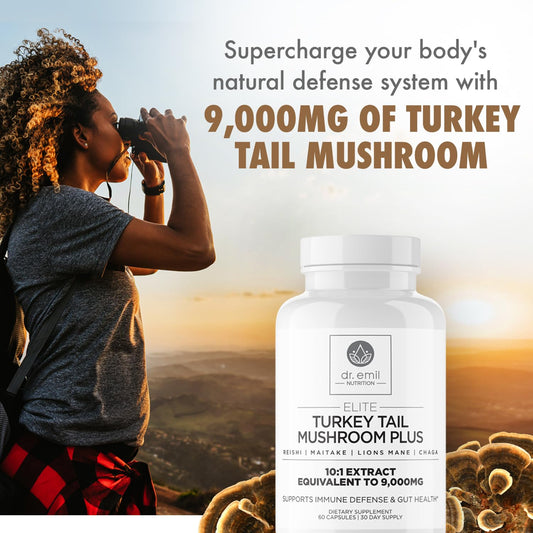 Close-up of DR. EMIL NUTRITION Turkey Tail capsules for easy daily use.