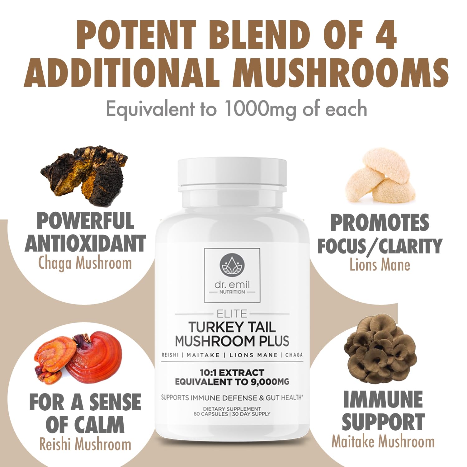 Product label shows Lion's Mane and Reishi within DR. EMIL NUTRITION Turkey Tail mix.