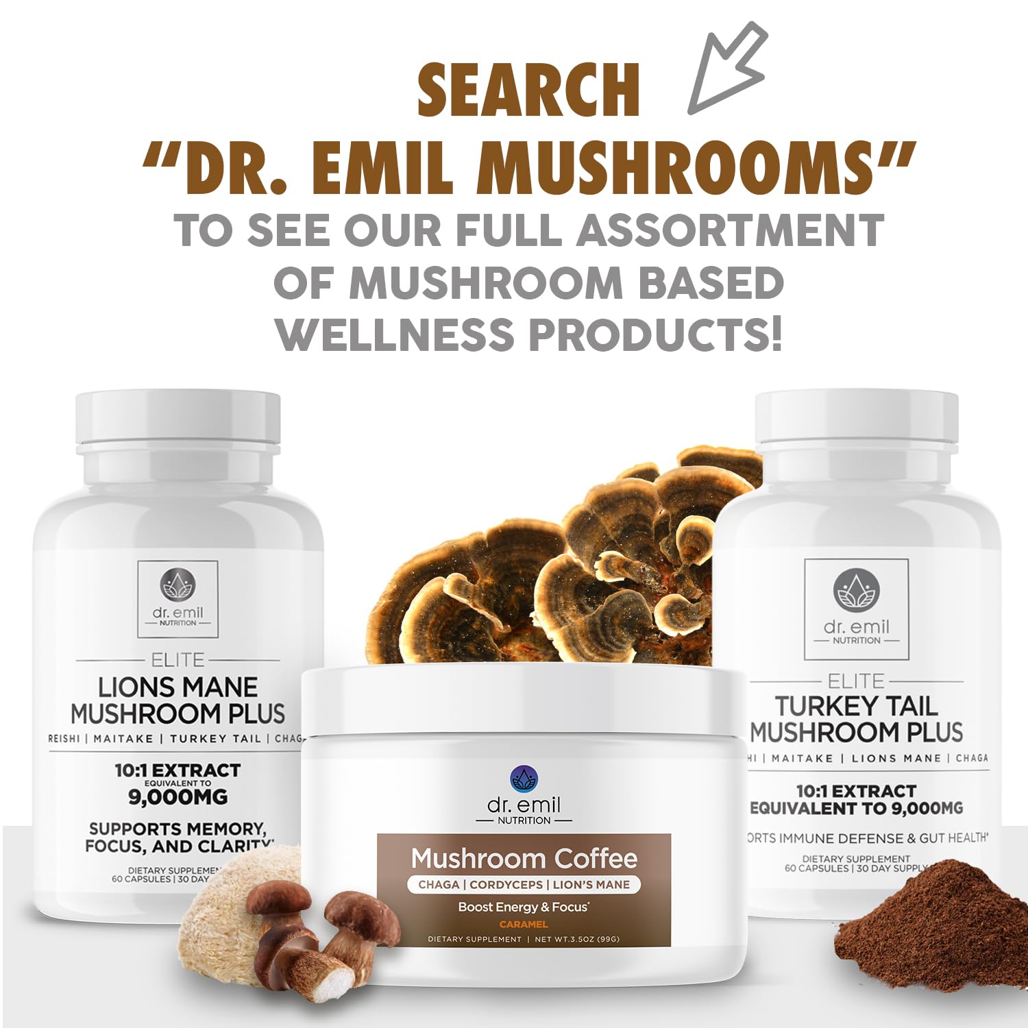 Packaging scene of DR. EMIL NUTRITION Turkey Tail emphasizing quality and safety.