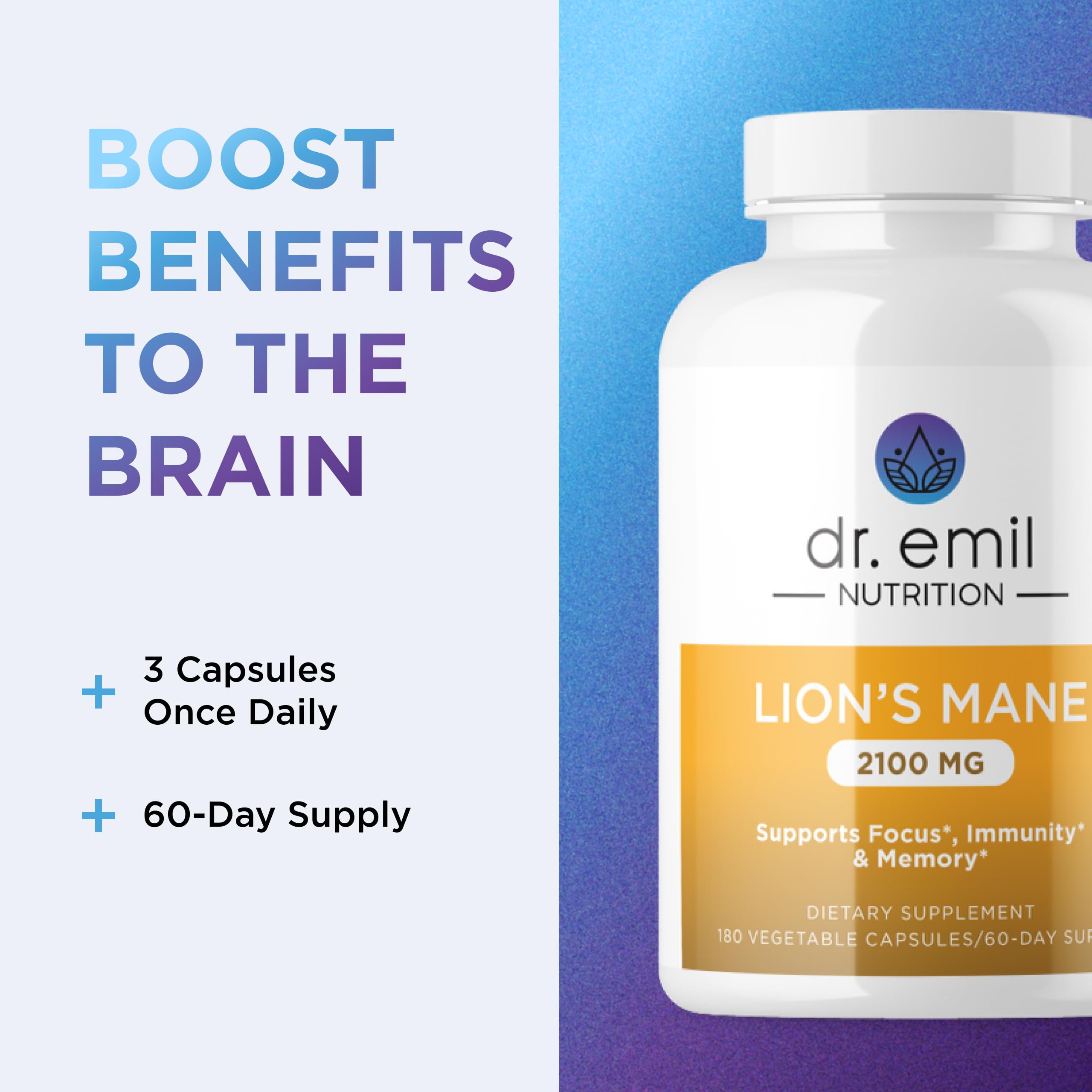 Dr. Emil Nutrition Lions Mane capsules beside glass of water for daily use.