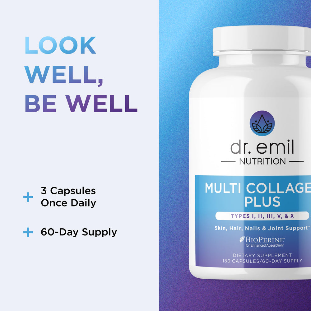 DR. EMIL NUTRITION Women's Multi Collagen pills on surface highlight grass-fed sources.