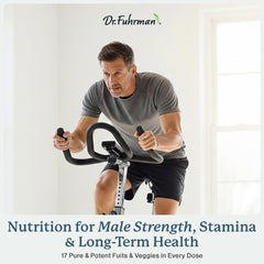 Dr. Fuhrman bottle with fruits and vegetables conveys vegan nutrition benefits.