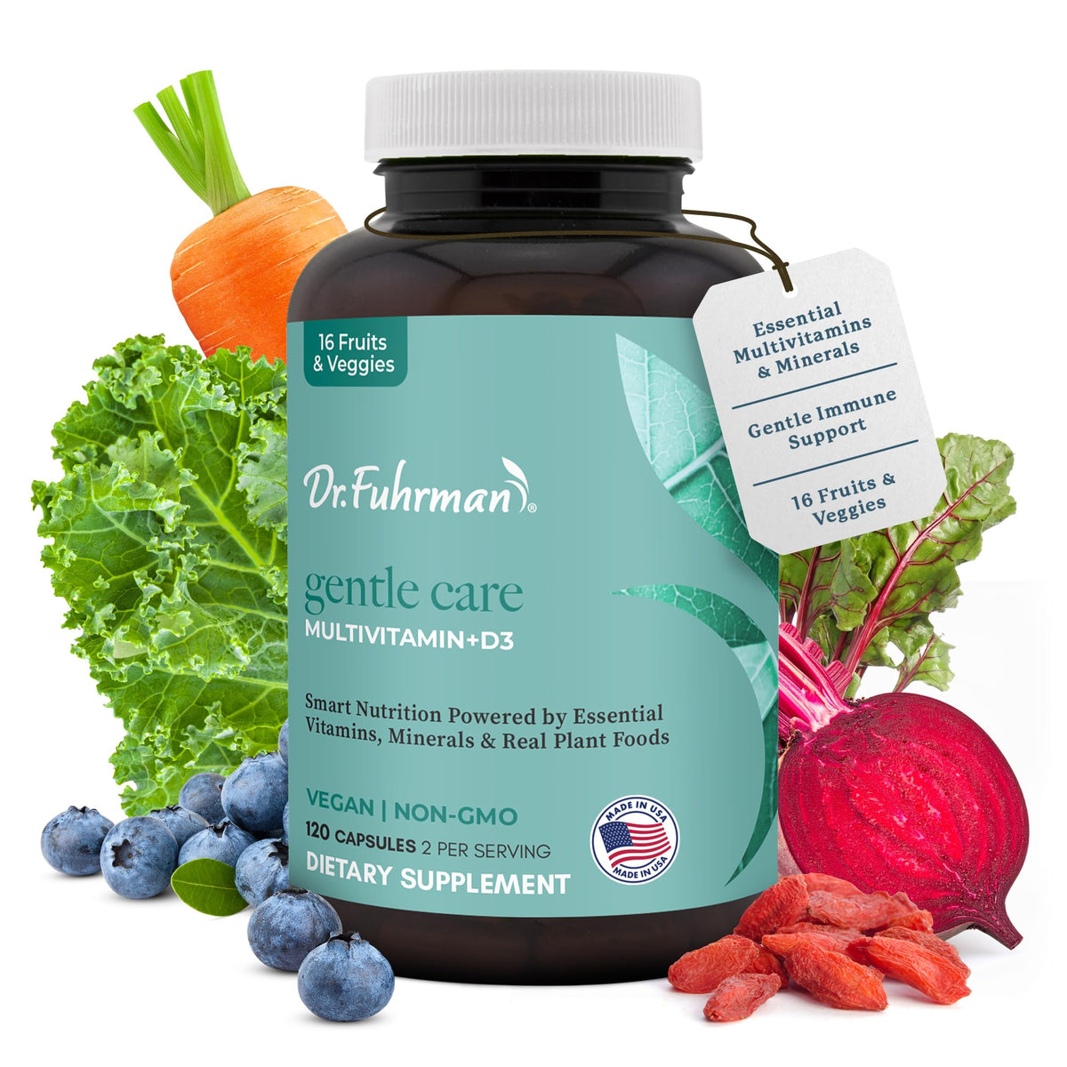 Dr. Fuhrman Gentle Care multivitamin bottle shows vegan formula for daily vitality
