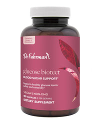 Dr. Fuhrman Glucose Biotect product on countertop with other supplements.