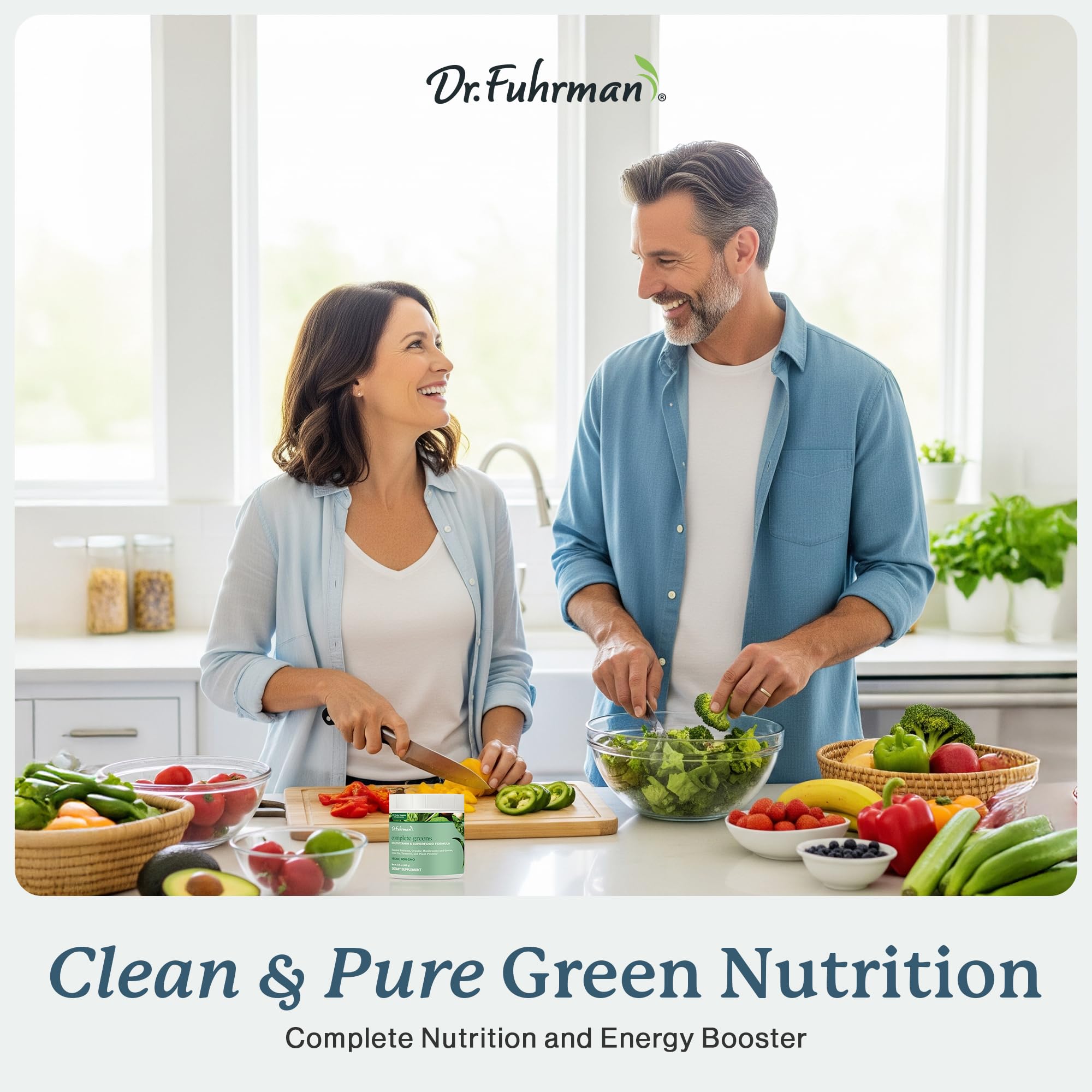 Dr. Fuhrman greens powder mixed in a green smoothie for convenient daily nutrition.