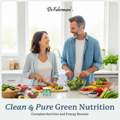 Dr. Fuhrman greens powder mixed in a green smoothie for convenient daily nutrition.