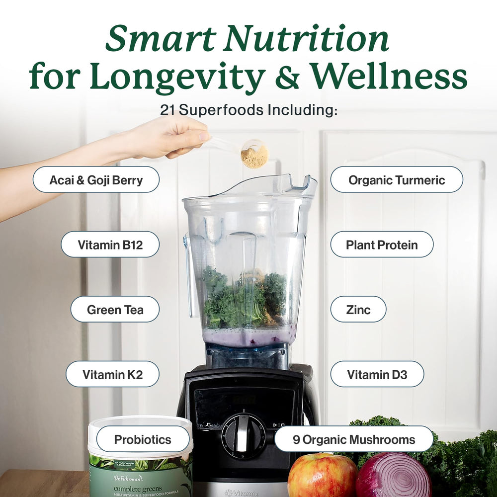 Dr. Fuhrman greens powder whisked into a glass for quick daily boost.