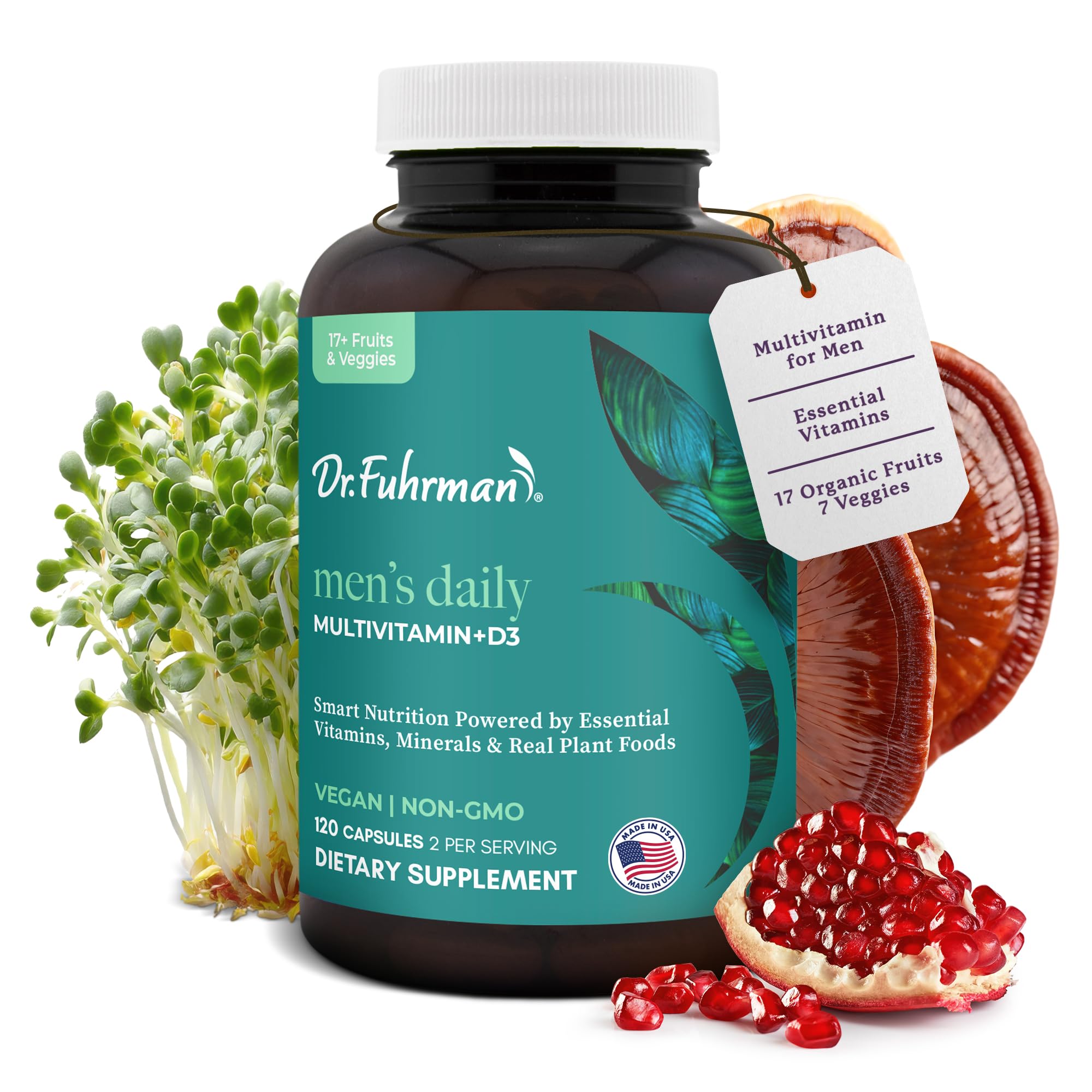 Dr. Fuhrman men's multivitamin bottle front view showing vegan, whole-food formula.