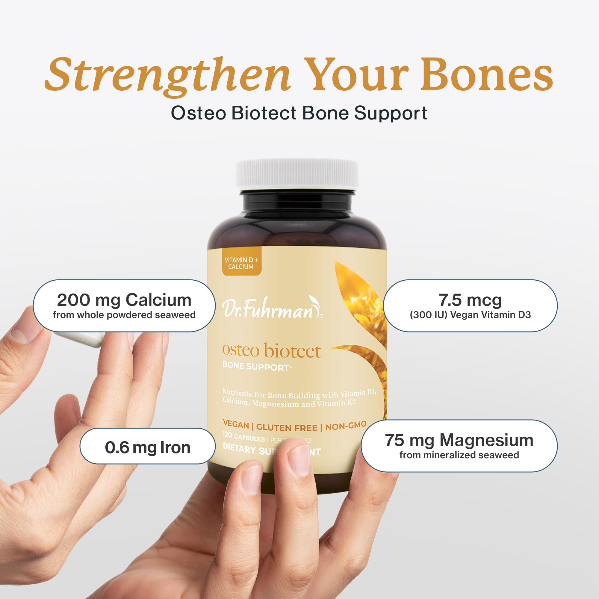Dr. Fuhrman Osteo ingredients D3 K2 magnesium illustrate essential nutrients for bone support.