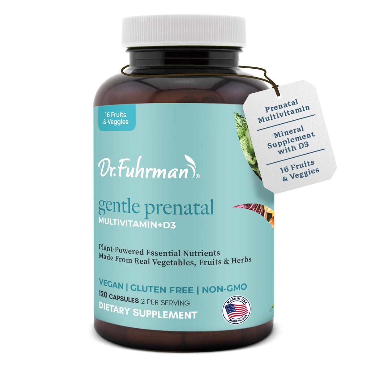 Dr. Fuhrman Prenatal bottle cap highlights natural folate for pregnancy support and energy.