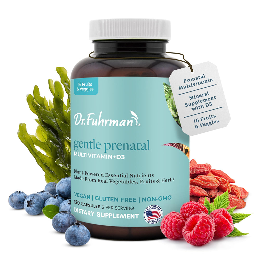 Dr. Fuhrman Prenatal bottle with capsules on light background highlights plant-based formula.
